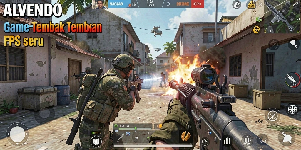 Tampilan gameplay menegangkan di ALVENDO dengan aksi tembak-tembakan epik.