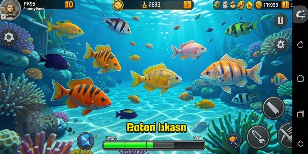 Screenshot permainan PK95 menampilkan aksi menembak ikan yang seru.